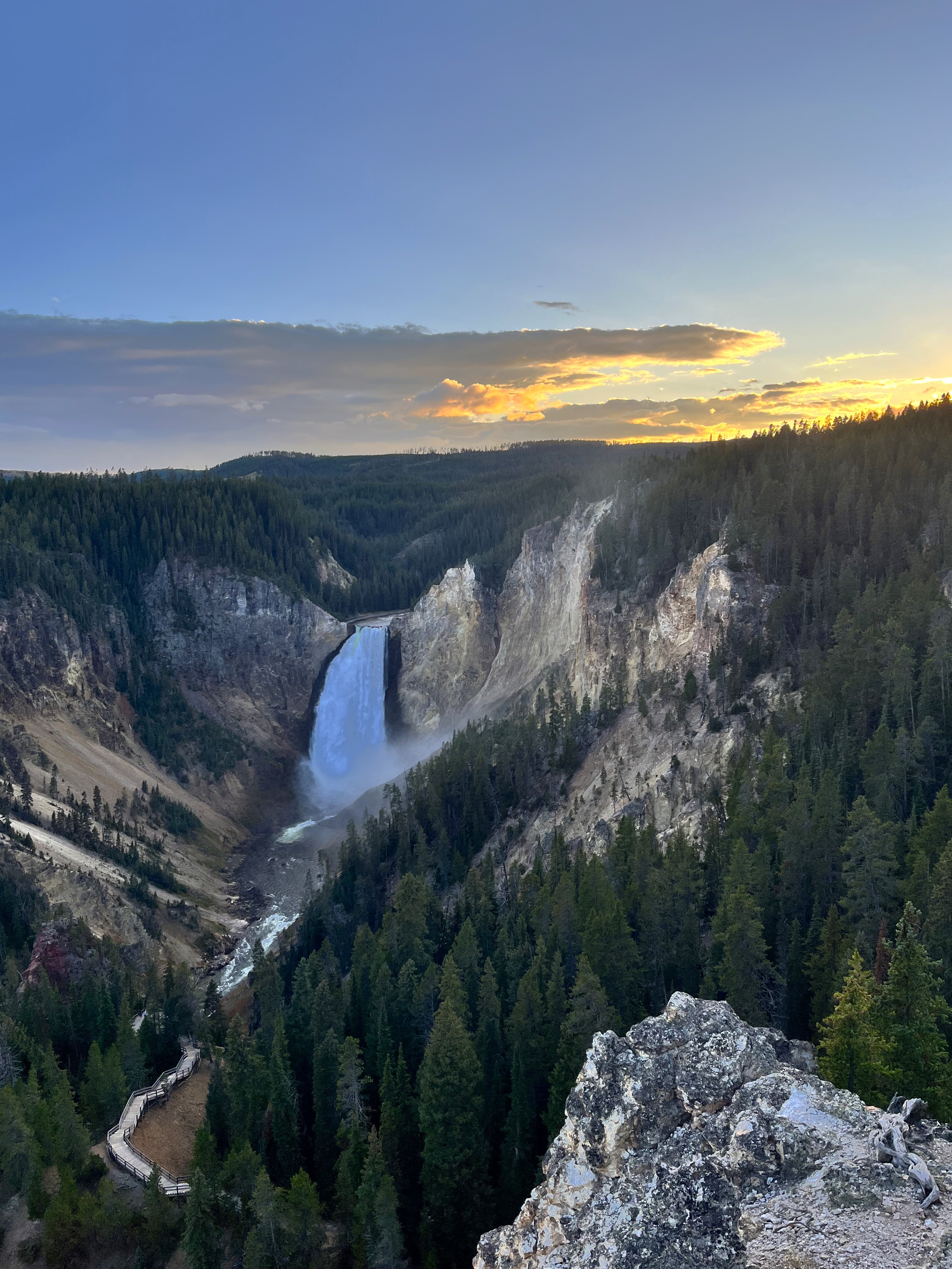 A view of the lower falls at sunset from lookout point