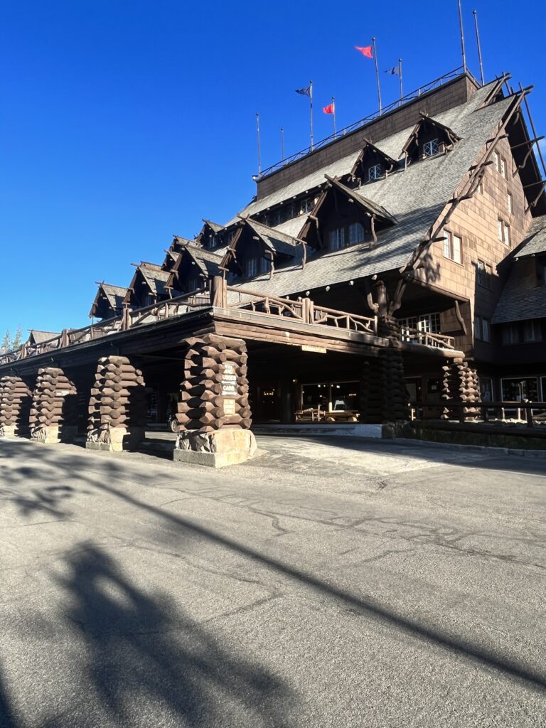 An outside view of the historic Old Faithful Inn