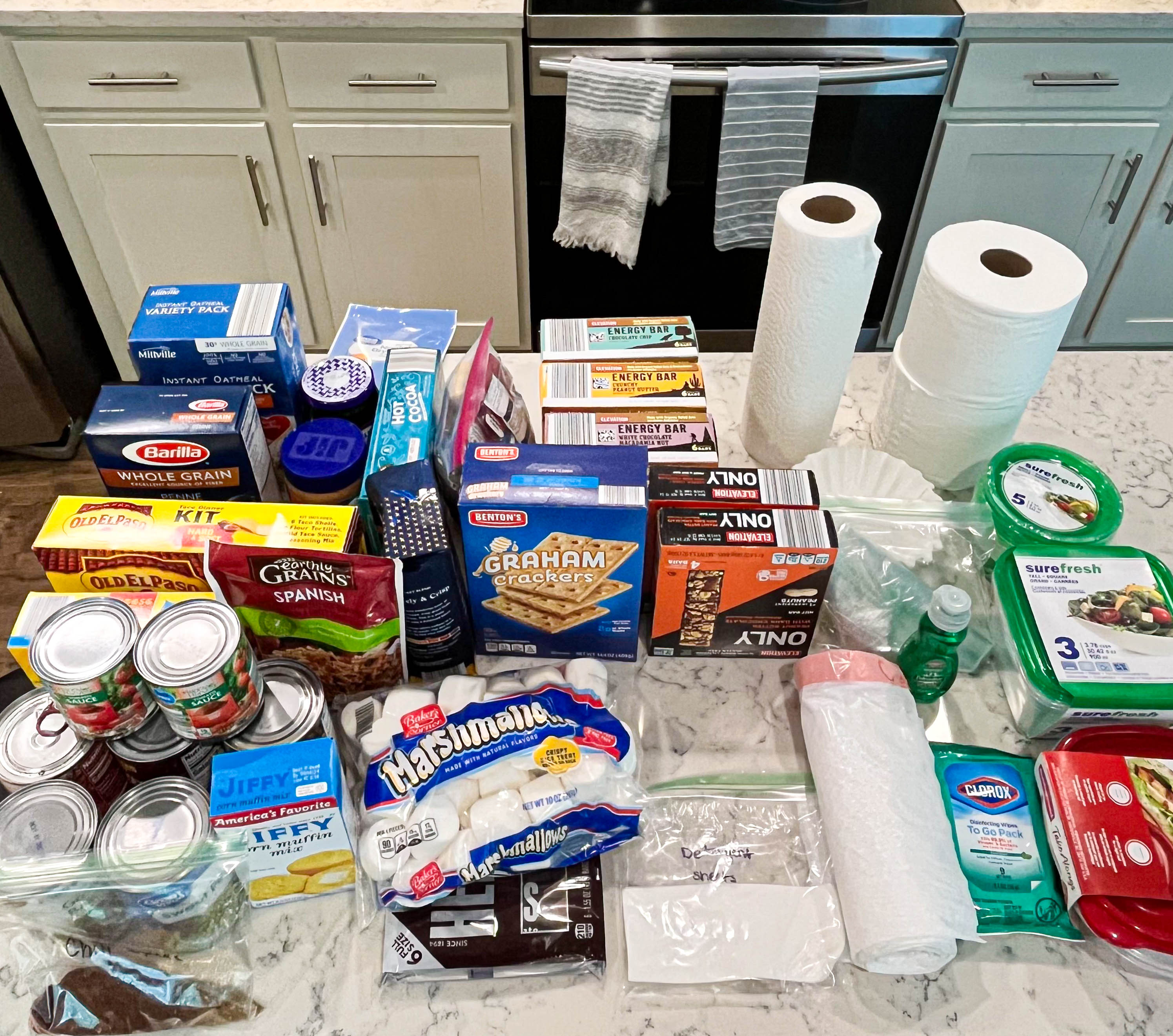 Photo of the food and supplies we packed for RV camping in Alaska