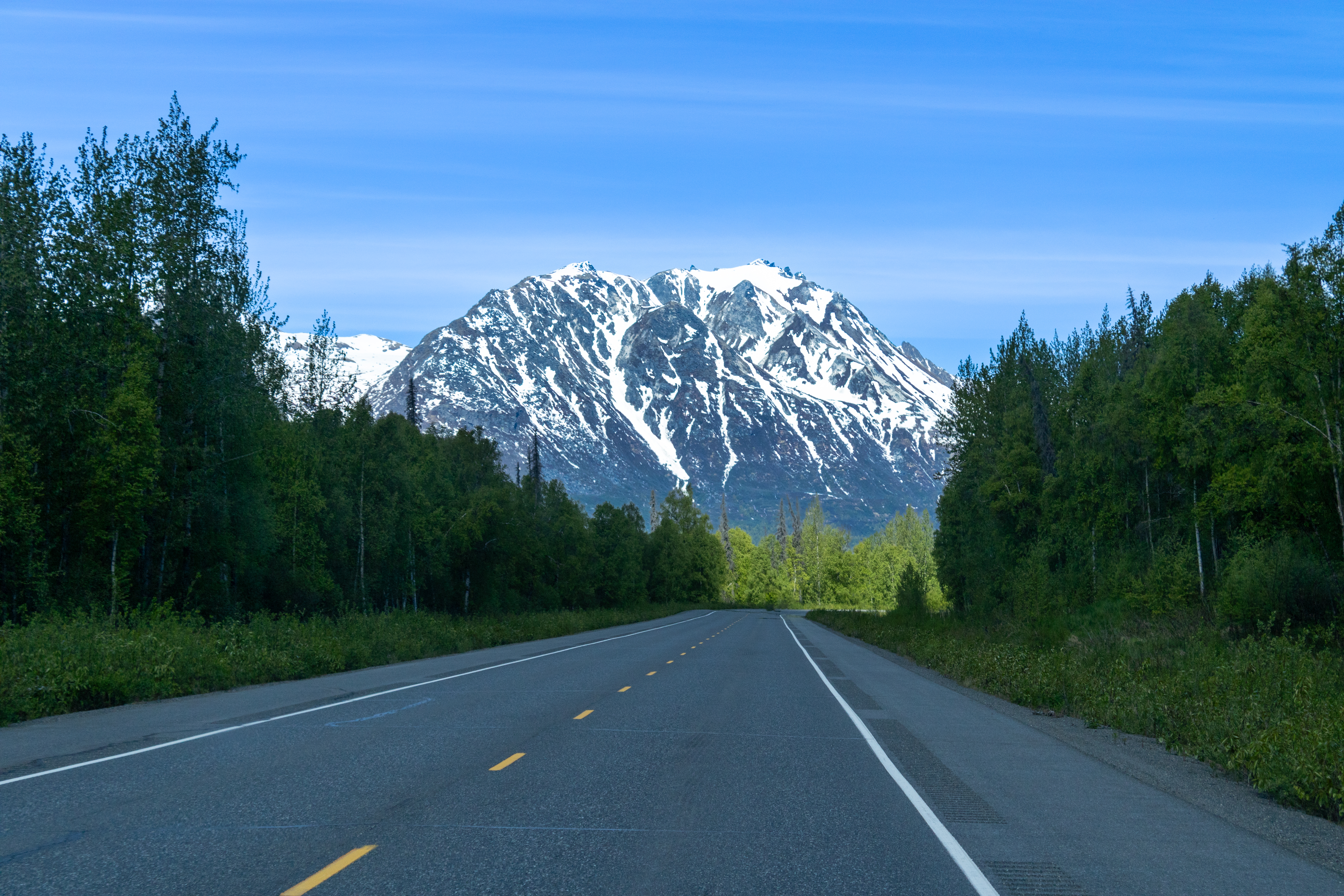 A photo of a large snow capped mountain on the drive from Anchorage to Denali National Park