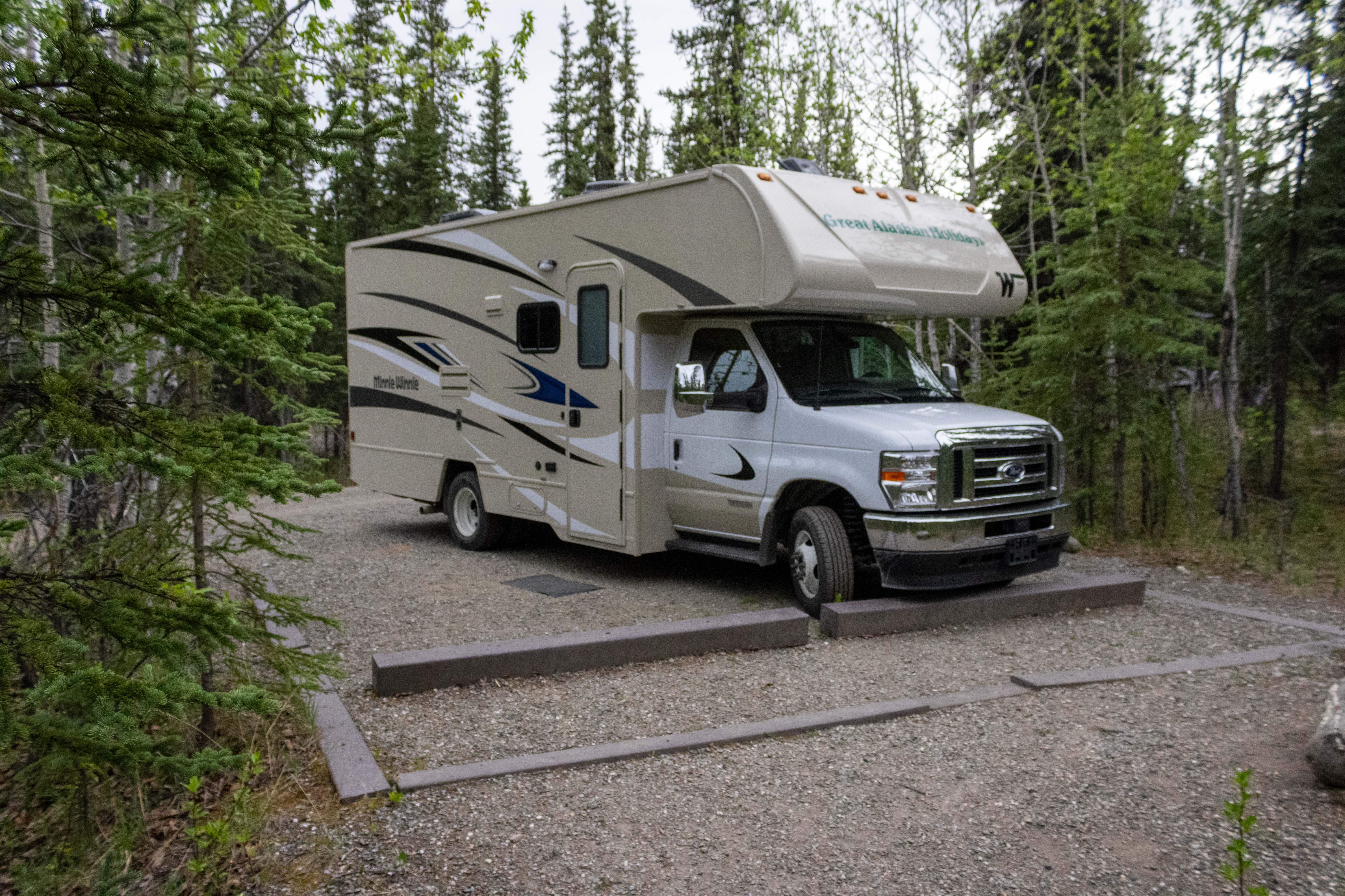 A photo of our RV parked at a campsite in Riley Creek Campground in Denali National Park