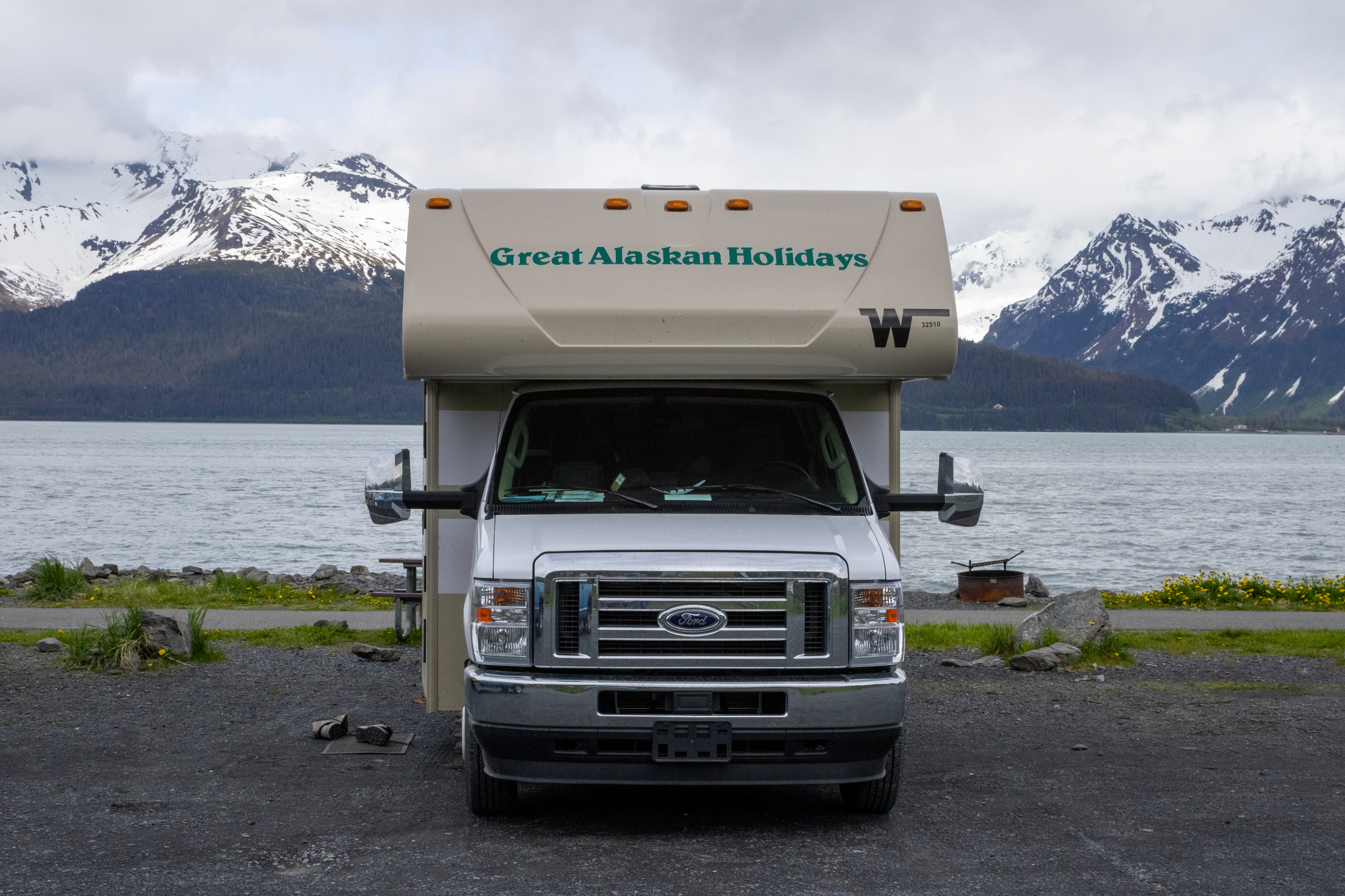 A view from the front of our campsite at Resurrection Bay South with beautiful mountains in the background