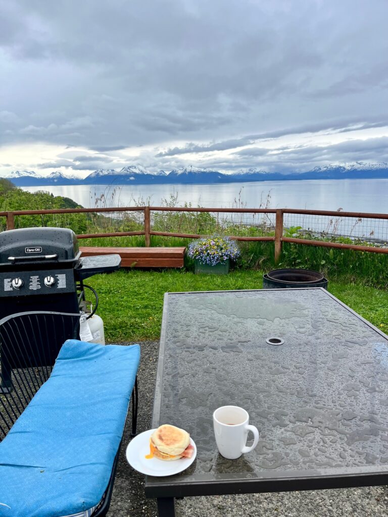 Breakfast on our patio at the KOA Homer